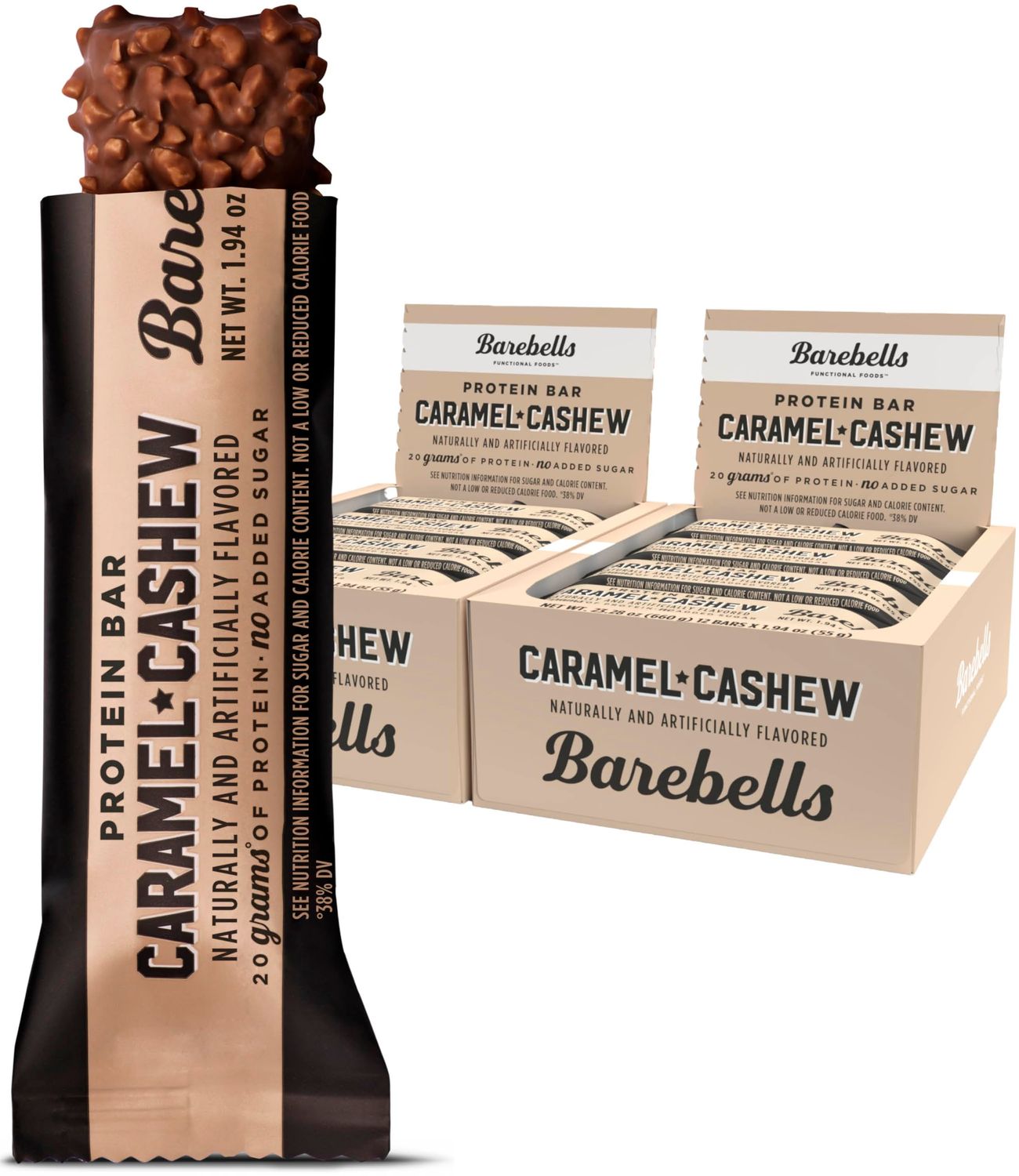 Barebells Protein Bars Caramel Cashew - 12 Count, Pack of 2 - Protein Snacks with 20g of High Protein - Chocolate Protein Bar with 1g of Total Sugars - Perfect on The Go Protein Snack &amp; Breakfast Bars