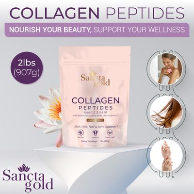 Sancta Gold Multi Collagen Peptides Powder, 2 lbs, for Skin, Hair & Nails, Type I, II, III, V, X Hydrolyzed Collagen Peptides with Hyaluronic Acid & Vitamin C, Unflavored Protein Supplement for Women
