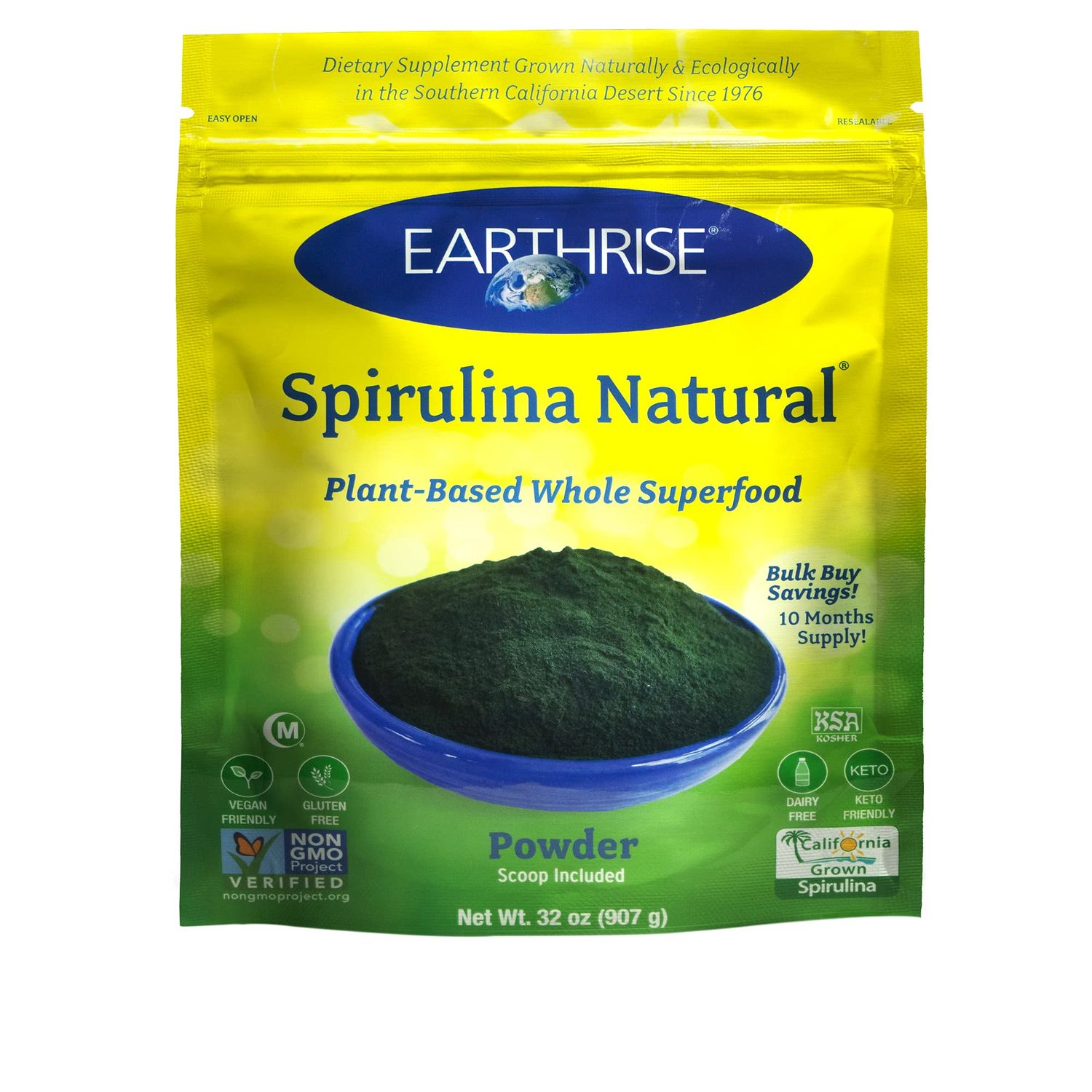 Earthrise Spirulina Natural Powder 32oz, Natural Premium Spirulina from California- Vegan, Gluten Free, Keto Friendly, Non -GMO Super Food high in Vitamins &amp; Minerals. (2 LB)