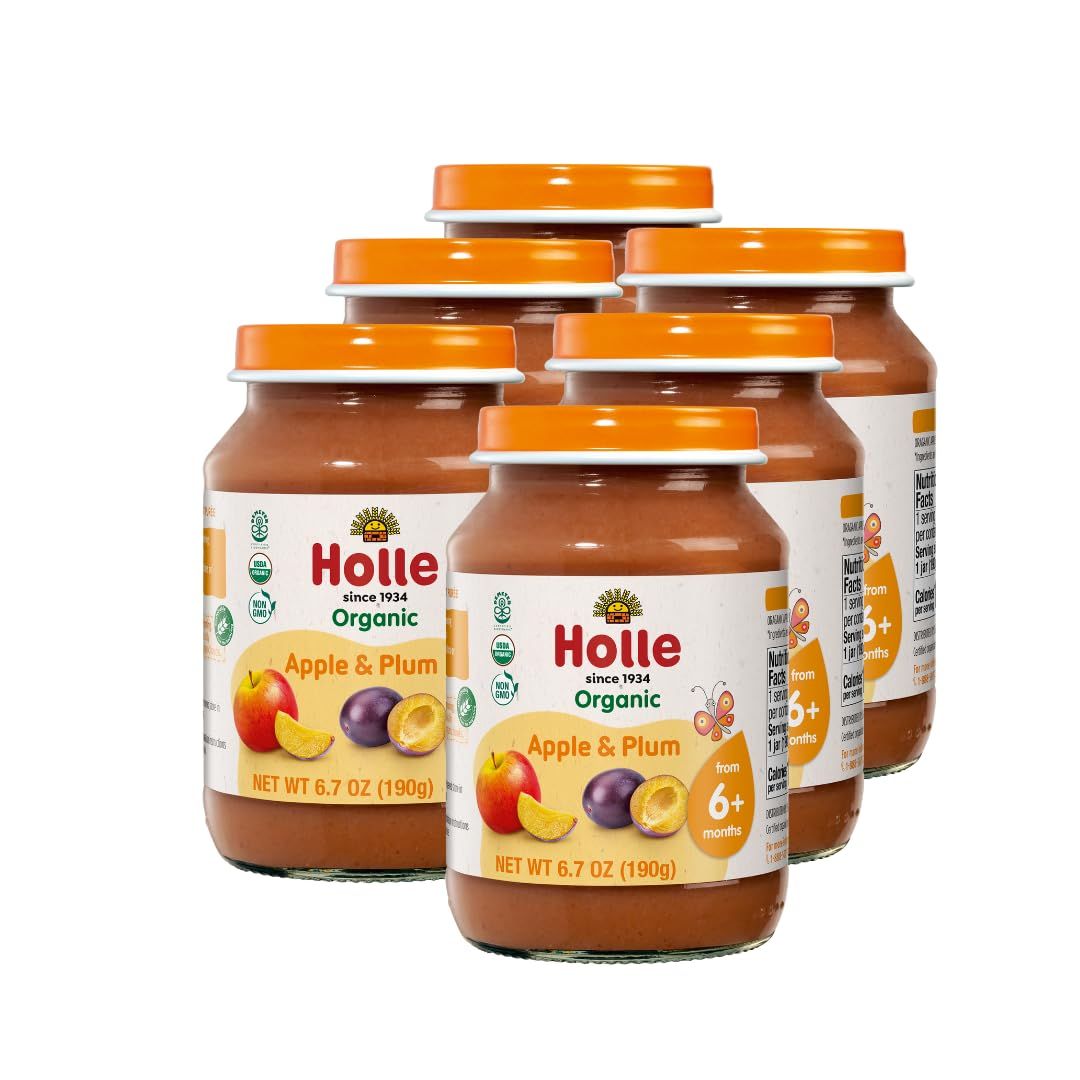 Holle Organic Baby Food Jars - Puree with Organic Apple and Plum - (6 Jars) Stage 2 Baby Food for 6 months and Older - Single Snack or Balanced Meal - Made with Non-GMO, USDA Organic Ingredients