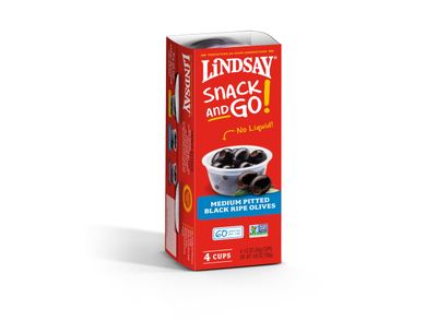 LINDSAY Snack and Go! Medium Black Ripe Pitted Olives, Case of 6 (24 Snack Cups)
