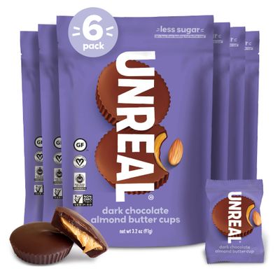 UNREAL Dark Chocolate Almond Butter Cups  Vegan, Gluten Free, Less Sugar  3.2 Ounce (Pack of 6)