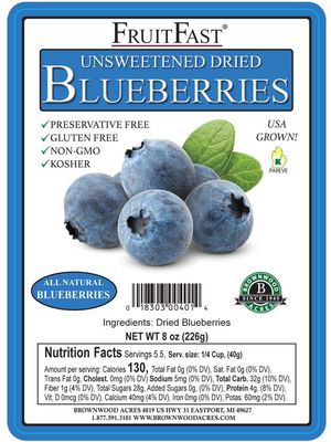 Unsweetened Dried Blueberries by Brownwood Acres - FruitFast Non-GMO, Gluten Free, Kosher Certified All Natural Healthy Snack - No Added Sugars, Oils or fillers - Just Blueberries (1/2 Pound)