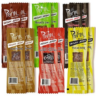Primal Spirit Vegan Jerky - Our Sampler Pack, 10g. Plant Based Protein, Certified Non-GMO (&quot;The Classics&quot; Thai Peanut, Mesquite Lime, Teriyaki, Hot &amp; Spicy, Hickory Smoked, &amp; Texas BBQ, 12-Pack, 1 oz)