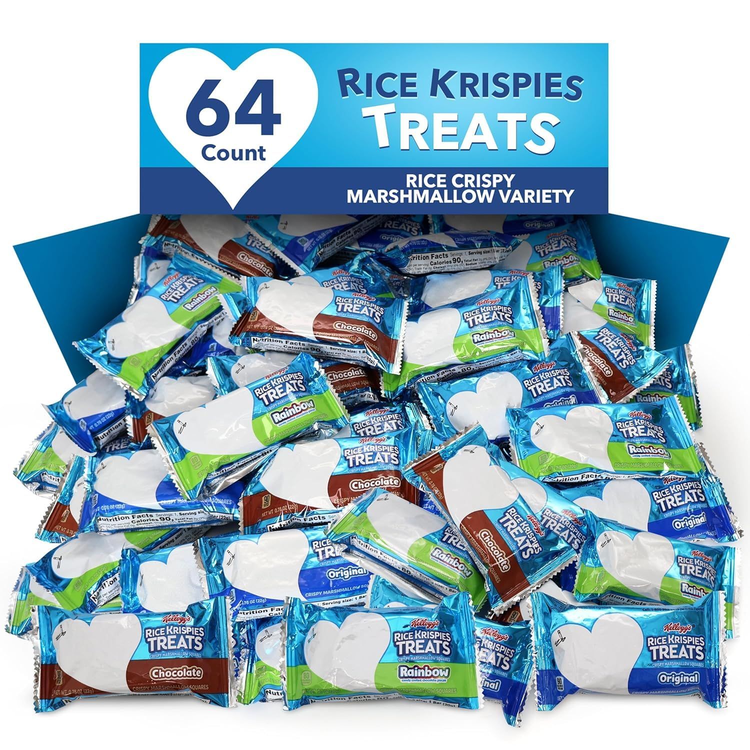 Bulk Rice Crispies Marshmallow Treats Snack Size Variety - 64 Count Individually Wrapped Marshmallow Breakfast Cereal Bars, Original, Chocolate &amp; Rainbow For School Snacks &amp; Office Treats