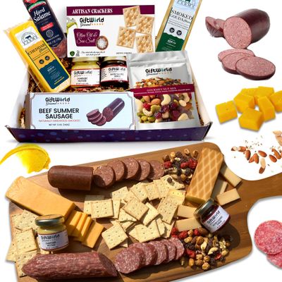 GiftWorld Beef Summer Sausage Charcuterie Cheese Gifts Basket, Charcuterie Food Items, Meat and Cheese Gift Baskets, Food Gifts for Men and Women, Meat Sampler For Business and Easter Basket