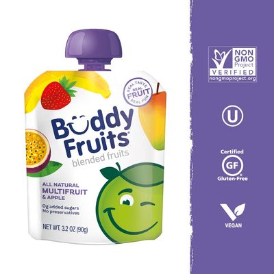 Buddy Fruits Snacks To Go Multifruit Unsweetened Applesauce 3.2oz Pouch (18pk) Gluten-Nut-Dairy-Preservatives-BPA Free, Non GMO, Kosher
