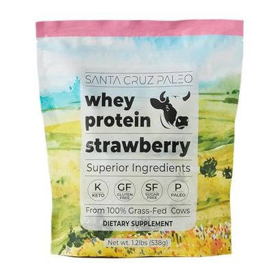 Santa Cruz Paleo Whey Protein Powder, Strawberry, 20g Grass Fed Whey Protein Isolate Per Serving, Gluten Free, Keto, Sugar Free, Paleo, Natural, Post Workout Muscle Support, 20 Servings, 1.2lb Bag