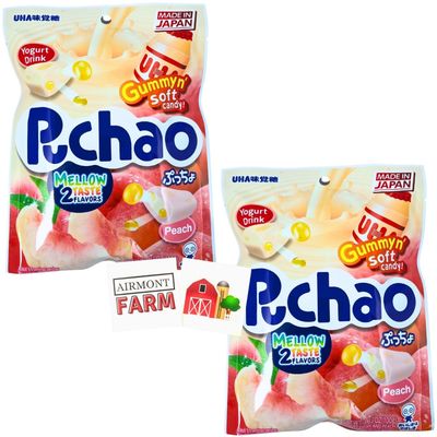 Puchao Uji Soft Candy 2 Pack with 2 Airmont Farm Stickers - Delicious Flavors - Juicy, Fizzy, Chewy (Peach &amp; Yogurt Drink)