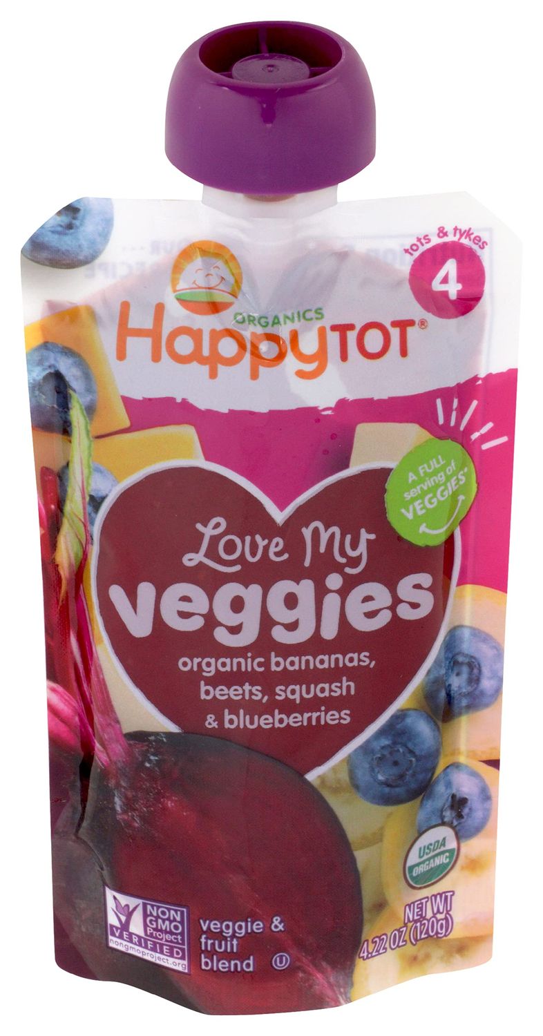 Happy Tot Love My Veggies Stage 4 Organic Toddler Food Banana Beet Squash &amp; Blueberry, 4.22 Ounce Pouch Organic Baby Food/Toddler Food Pouches, Fruit and Veggie Blend, Full Serving of Vegetables