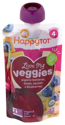 Happy Tot Love My Veggies Stage 4 Organic Toddler Food Banana Beet Squash &amp; Blueberry, 4.22 Ounce Pouch Organic Baby Food/Toddler Food Pouches, Fruit and Veggie Blend, Full Serving of Vegetables