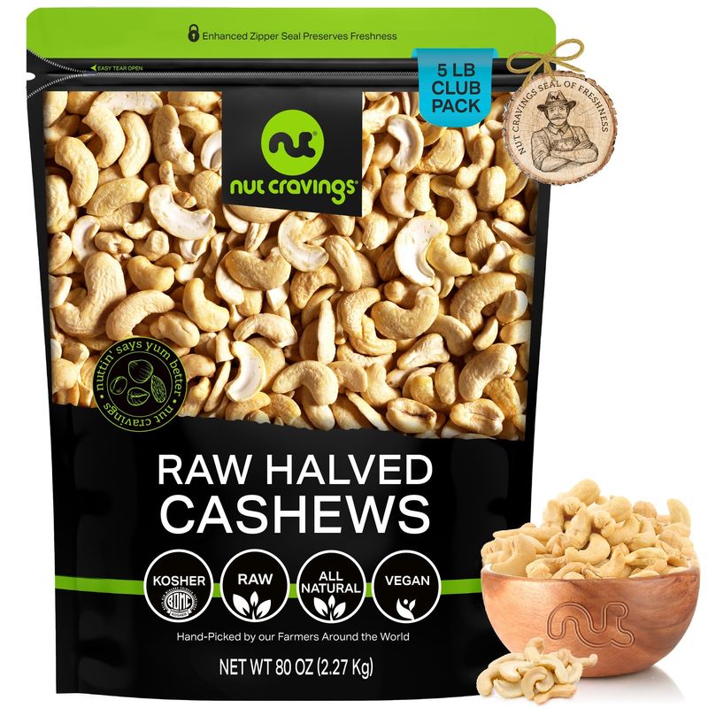 NUT CRAVINGS - Raw Cashew Halves &amp; Pieces, Unsalted, Shelled, (80oz - 5 LB) Bulk Nuts Packed Fresh in Resealable Bag - Kosher Healthy Snack, Natural Keto Vegan -