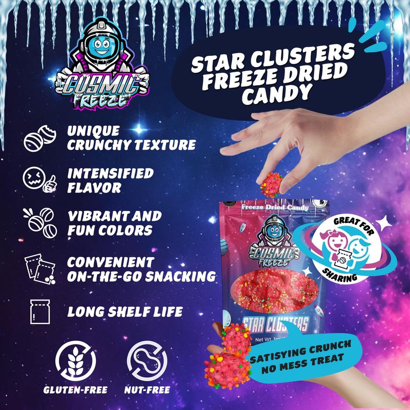 Cosmic Freeze Berry Star Clusters Freeze Dried Candy, Crunchy Freeze Dry Candy for Mix-In Snacks Candy Freeze Dried, Gluten-Free, Made in USA, 1.0 Oz, 1-pack