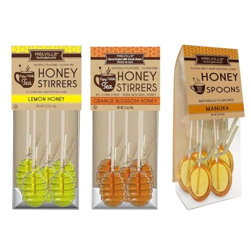 Melville Honey Spoon Bundle Pack of 3 Flavors - Honey Dipper, Manuka, Lemon, Orange Blossom - 15 Honey Spoons For Tea - Delicious Candy Spoons - Hard Candy Honey Spoons Lollipop On Wooden Ball Sticks