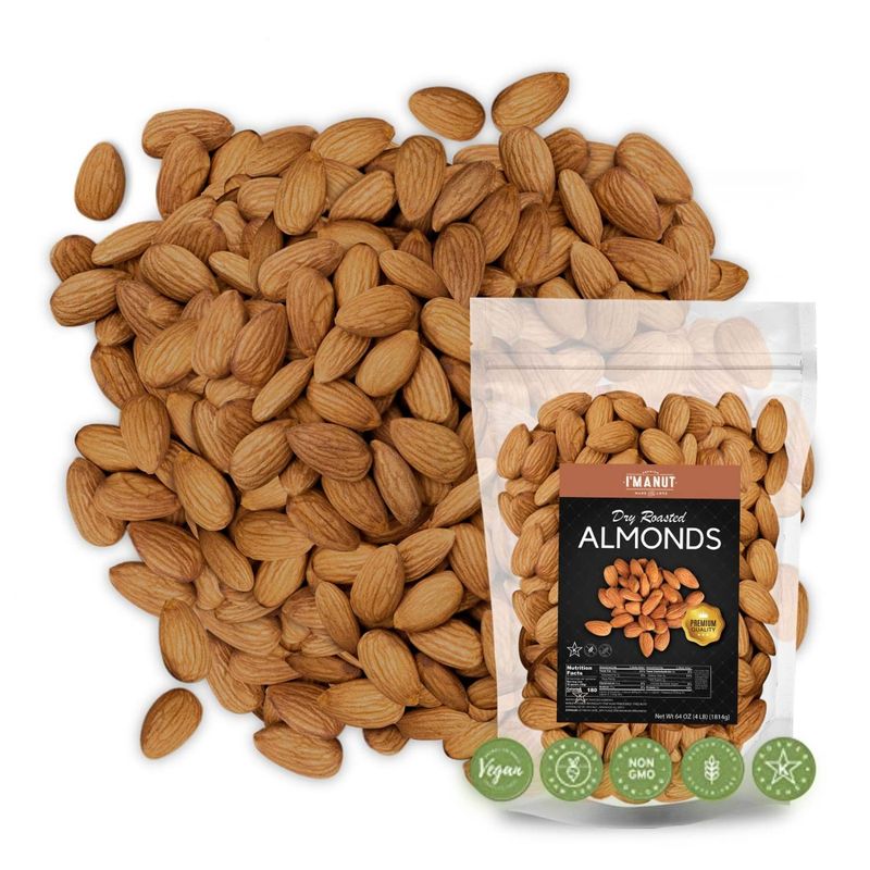 Dry Roasted Almonds Unsalted 48 oz (3 lbs) Batch Tested Gluten &amp; Peanut Free  No Oil  Whole  No PPO  Non-GMO  No Herbicide  Healthy Protein Boost  Premium Quality  Try the difference
