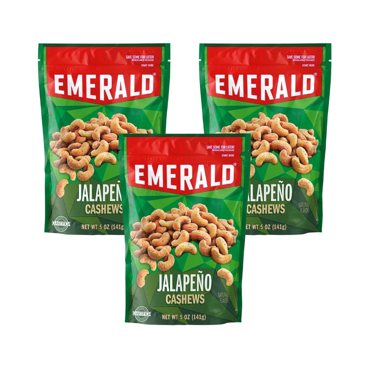 Emerald Nuts, Jalapeno Cashews, 5 Oz, Resealable Bag (Pack of 4)