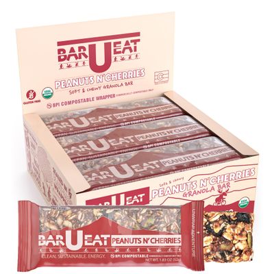 BAR-U-EAT Gluten-Free, Organic, Soft &amp; Chewy Energy Bar. Real Food  Seed Oil Free  No Artificial Sugar  Compostable Packaging  Healthy Snacks (Peanuts N&#39; Cherries 12 Pack)