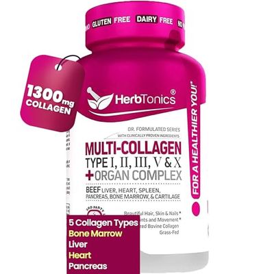 Multi Collagen Complex (Types 1 2 3 5 and 10)  Grass Fed Bone Broth Collagen Protein Peptides  Healthy Hair Skin Nails &amp; Joint Support (with Organ Complex)  90 Collagen Pills