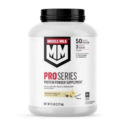 Muscle Milk Pro Series Protein Powder Supplement, Intense Vanilla, 5 Pound, 28 Servings, 50g Protein, 3g Sugar, 20 Vitamins &amp; Minerals, NSF Certified for Sport, Workout Recovery, Packaging May Vary