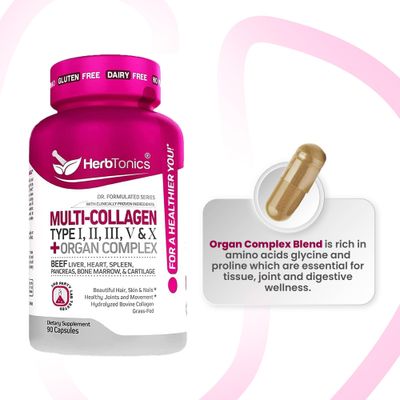 Multi Collagen Complex (Types 1 2 3 5 and 10) Grass Fed Bone Broth Collagen Protein Peptides Healthy Hair Skin Nails & Joint Support (with Organ Complex) 90 Collagen Pills