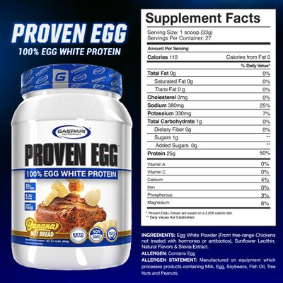 Gaspari Nutrition Proven Egg, 100% Egg White Protein, 25g Protein, Keto Friendly, Dairy and Lactose Free, Soy Free (2 lbs, Banana Nut Bread)