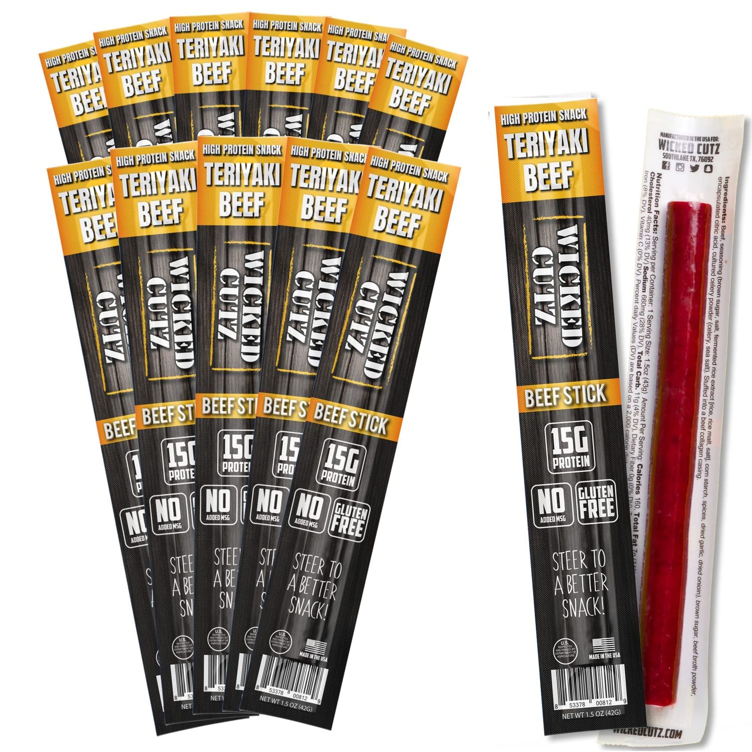 Wicked Cutz Teriyaki Beef Sticks, Tender, Flavorful, Extra Large Beef Jerky Sticks with 15g of Protein Per Meat Stick, Gluten Free, High Protein, Low Carb, Healthy Snacks for Adults (12 Total)