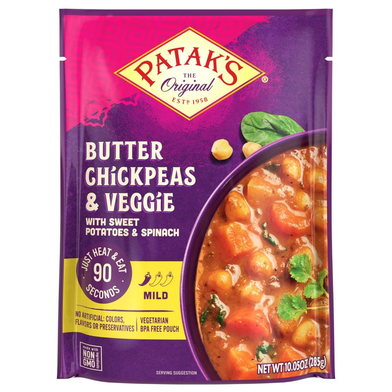 Patak&#39;s Butter Chickpeas &amp; Veggies, 10.05 Oz (Pack of 1) Mild Curry with Chickpeas, Spinach, Carrots, Ready to Heat Vegetarian Meals
