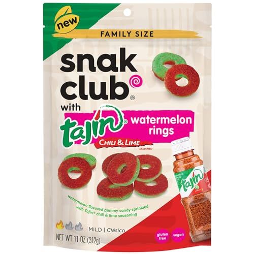 Snak Club Tajin Watermelon Rings, Chili &amp; Lime Sweet Spicy Gummy Snacks, Mild in Heat Bold in Flavor, Gluten-Free Snack, 11oz Resealable Bag (Pack of 6)