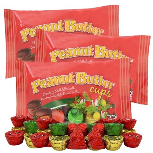 Sweetzo Individually Wrapped Holiday Chocolates, Bite Sized Christmas Treats, Party Favor, Stocking Stuffer and More - 4.5 Ounces (Pack of 3) Peanut Butter Cups