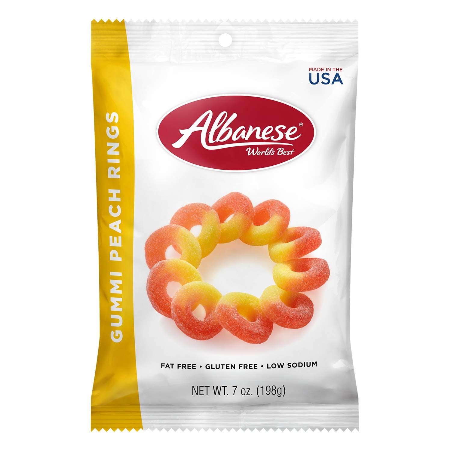 Albanese World&#39;s Best Gummi Peach Rings, 7oz Bag of Candy (Pack of 12), Individually Wrapped Candy, Chewy Fruit Snacks