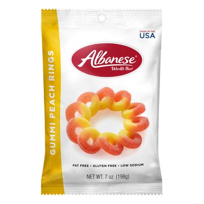 Albanese World&#39;s Best Gummi Peach Rings, 7oz Bag of Candy (Pack of 12), Individually Wrapped Candy, Chewy Fruit Snacks