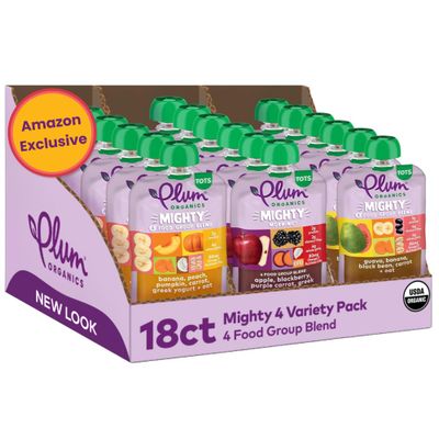 Plum Organics Stage 4 Variety Pack - Toddlers Delicious Discovery Flavors - Mighty 4 Organic Fruit &amp; Veggie Pouches - 4 oz Pouch, Pack of 18 (Amazon Exclusive)