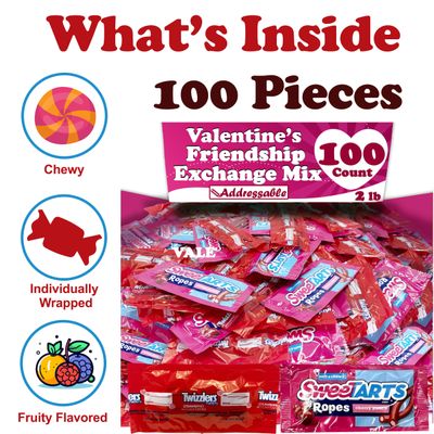 VALENTINE'S BULK CANDY MIX, 100 Count, Strawberry Twizzles Twists and Swetarts Ropes, Individually Wrapped Pink and Red Candy, Snack Size for Classroom and Friendship Exchange, Valentine's Gift