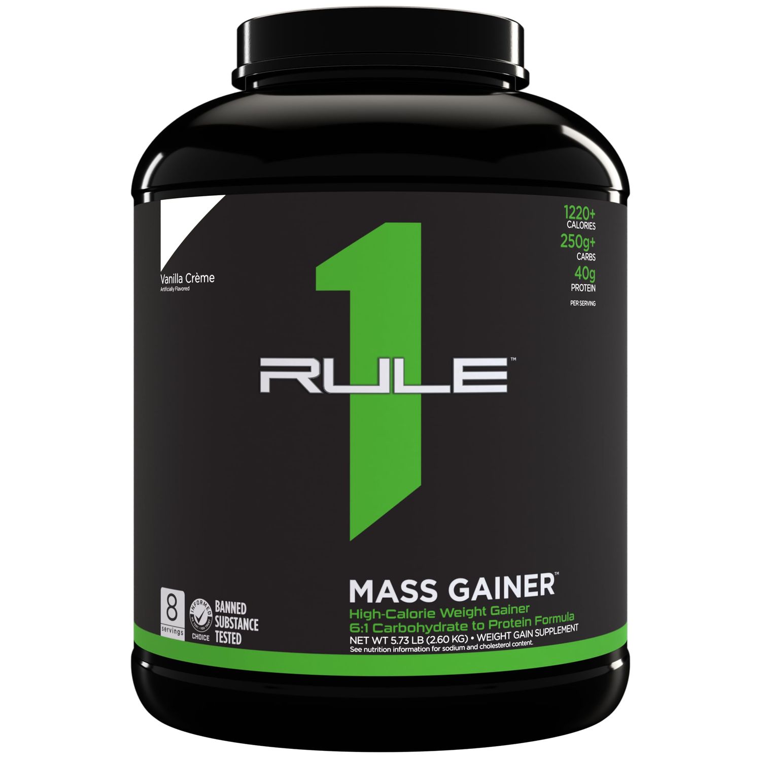 Rule One Proteins, R1 Mass Gainer - Vanilla Crme, High-Calorie Weight Gain Formula with 1,220 Calories, 250g Complex Carb Blend, 40g All-Whey Protein, 8g Fat Per Serving, 6 Pounds, 8 Servings