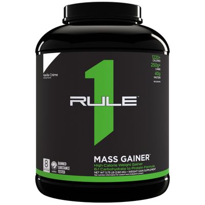Rule One Proteins, R1 Mass Gainer - Vanilla Crme, High-Calorie Weight Gain Formula with 1,220 Calories, 250g Complex Carb Blend, 40g All-Whey Protein, 8g Fat Per Serving, 6 Pounds, 8 Servings