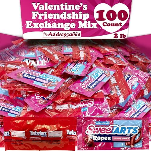 VALENTINE&#39;S BULK CANDY MIX, 100 Count, Strawberry Twizzles Twists and Swetarts Ropes, Individually Wrapped Pink and Red Candy, Snack Size for Classroom and Friendship Exchange, Valentine&#39;s Gift