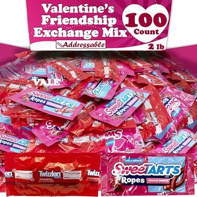 VALENTINE&#39;S BULK CANDY MIX, 100 Count, Strawberry Twizzles Twists and Swetarts Ropes, Individually Wrapped Pink and Red Candy, Snack Size for Classroom and Friendship Exchange, Valentine&#39;s Gift