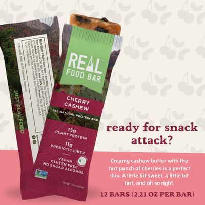 Real Food Bar - Plant based Protein Bar, Cherry Cashew, 15g Protein, 12 Bars  High Energy, Organic Ingredients, Gluten Free, Non GMO  All Natural Tasty Health Snack