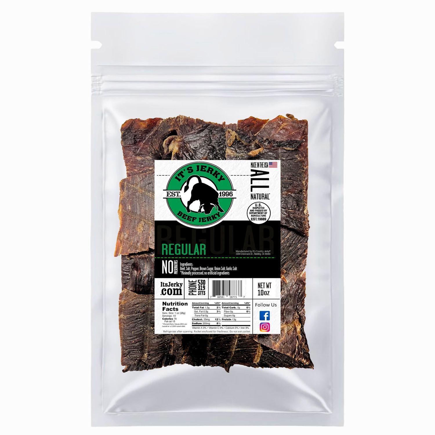 It&#39;s Jerky, Its Jerky Beef Jerky, Regular, 10 Ounce, 13g of Protein, 70 Calories, Premium Beef, 98% Fat Free, Keto, Gluten Free, High Protein Meat Snack, Original Beef Jerky