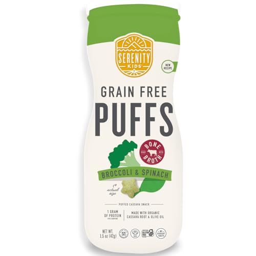 Serenity Kids 6 Months Grain Free Puffs Toddler &amp; Baby Snack  No Added Sugar, Gluten &amp; Rice Free, Allergen Free  Made with Organic Cassava, Veggies, and Herbs  Broccoli &amp; Spinach  1 Count