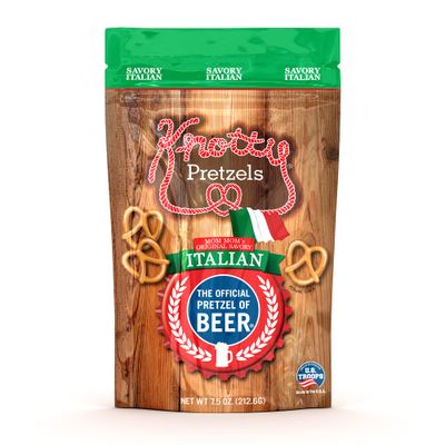 Knotty Pretzels The Official Pretzel of Beer 7.5 oz Individual Seasoned Pretzels in Resealable Pretzel Snack Bags, The Perfect Pairing for Beer, Savory Italian Flavor (6-Pack)