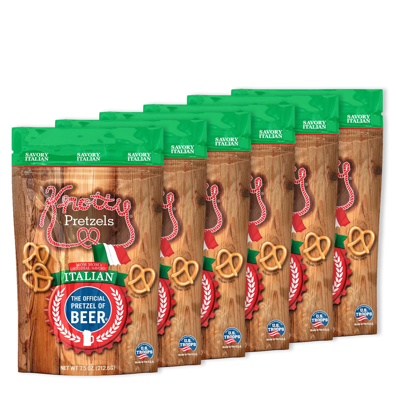 Knotty Pretzels The Official Pretzel of Beer 7.5 oz Individual Seasoned Pretzels in Resealable Pretzel Snack Bags, The Perfect Pairing for Beer, Savory Italian Flavor (6-Pack)