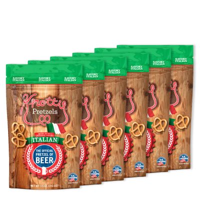 Knotty Pretzels The Official Pretzel of Beer 7.5 oz Individual Seasoned Pretzels in Resealable Pretzel Snack Bags, The Perfect Pairing for Beer, Savory Italian Flavor (6-Pack)