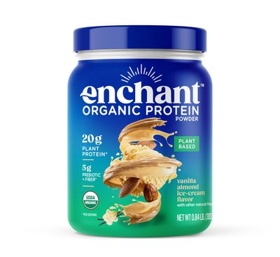 Enchant Organic Protein Powder, Vanilla Almond Ice-Cream flavor - Great Taste, 20g Plant Protein, 5g Prebiotic fiber, USDA Organic, Non-GMO, Plant-based, Non-Dairy, Vegan, 0.84 lb