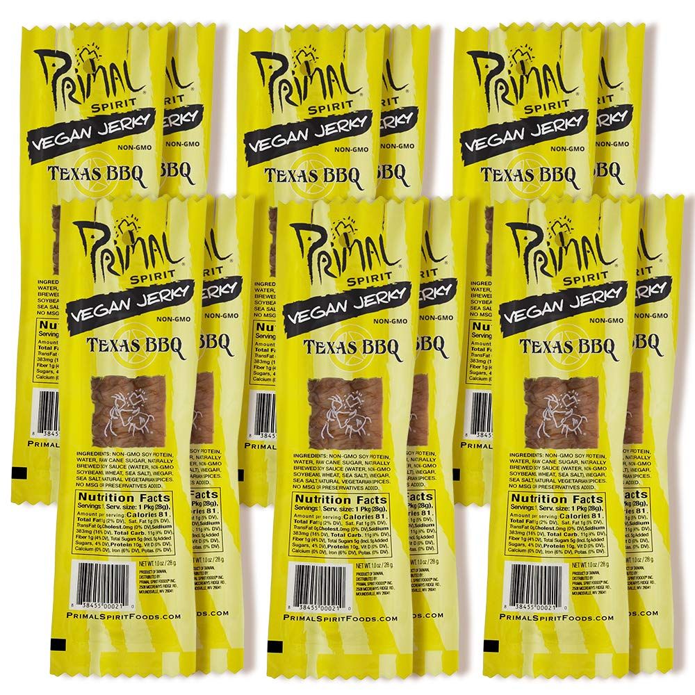 Primal Spirit Vegan Jerky - Classic Flavor - Texas BBQ, 10 g. Plant Based Protein, Certified Non-GMO, No Preservatives, Sports Friendly Packaging (12 Pack, 1 oz)