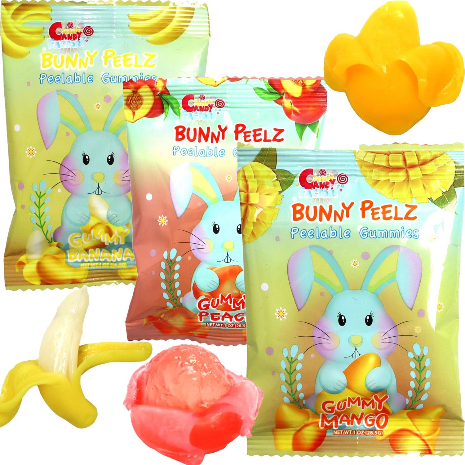 Sarah&#39;s Candy Factory 3 Variety Peelable Gummy Candy, Mango, Peach, and Banana Flavors 1 Oz (9 Pack) Single Serve Snack Packs, Peelable Fun in Every 1 oz Bag