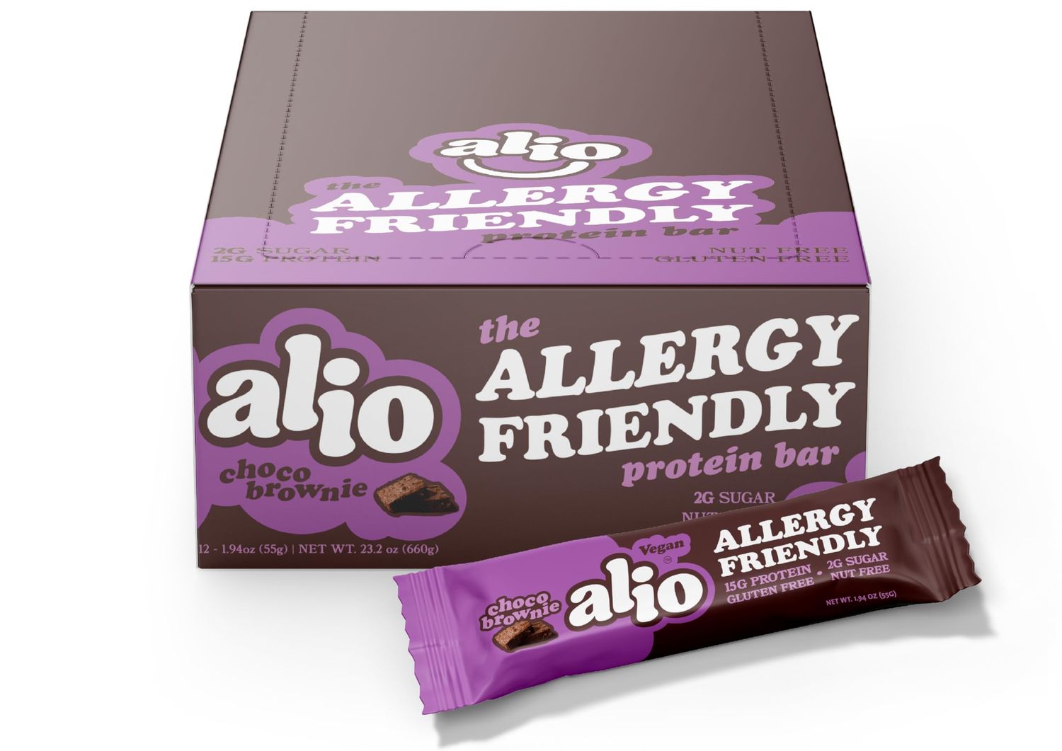 Alio: Choco Brownie - Top 9 Allergen Free Protein Bar  High Protein  Nut Free  Low Calorie  Vegan  Gluten Free  non-GMO  Plant Based  Amazing Taste! 12 Bars in a Box!