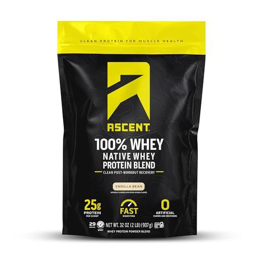 Ascent 100% Whey Protein Powder - Post Workout Whey Protein Isolate, Zero Artificial Flavors &amp; Sweeteners, Soy &amp; Gluten Free, 5.5g BCAA, 2.6g Leucine, Essential Amino Acids, Vanilla Bean 2 lb