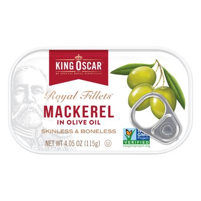 King Oscar Mackerel in Olive Oil, 4.05 Ounce Can (Pack of 1, Packaging May Vary), Skinless &amp; Boneless, Wild Caught Canned Mackerel