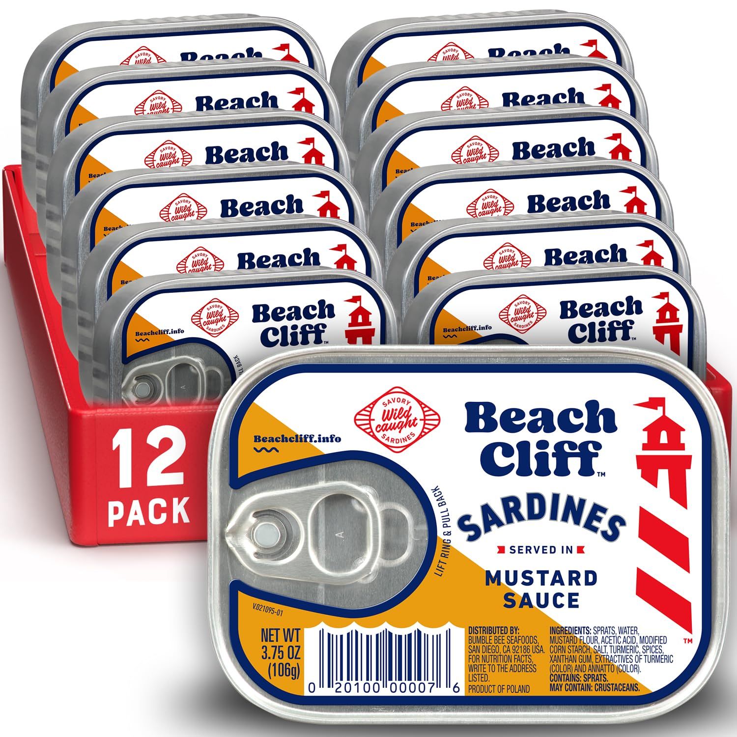 Beach Cliff Wild Caught Sardines in Mustard Sauce, 3.75 oz Can (Pack of 12) - 18g Protein per Serving - Gluten Free, Keto Friendly - Great for Pasta &amp; Seafood Recipes